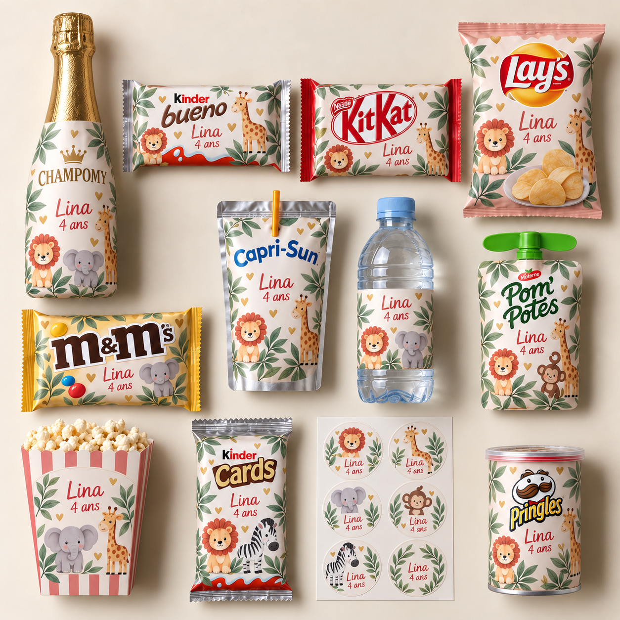 Vue réaliste des douze produits entièrement recouverts, avec mini boîte de Pringles